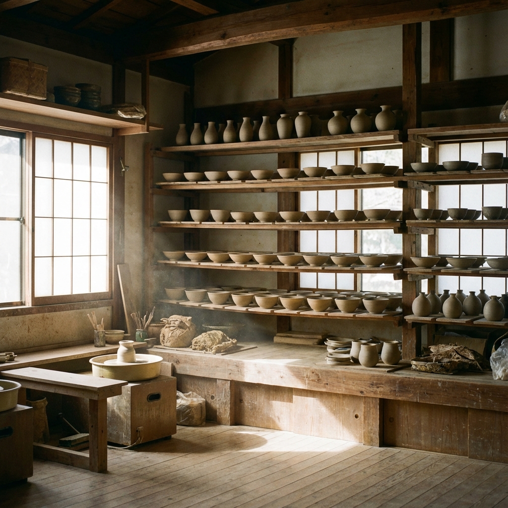 Sunlit pottery studio